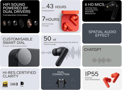 CMF by Nothing Buds Pro 2 Wirelesss earphones with HiFi sound, 50 dB Smart Active Noise Cancellation, 6 HD mics and Spatial Audio, 2025